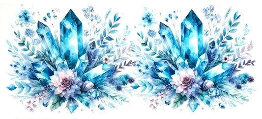 Decorative design with blue crystals and flowers on a white background