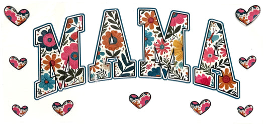 Floral lettering spelling 'MAMA' with decorative hearts on a white background