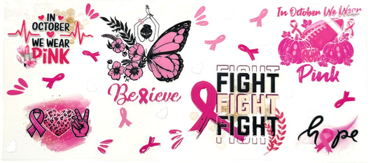 Collection of pink-themed graphics and text related to breast cancer awareness, featuring butterflies, pumpkins, and motivational phrases.
