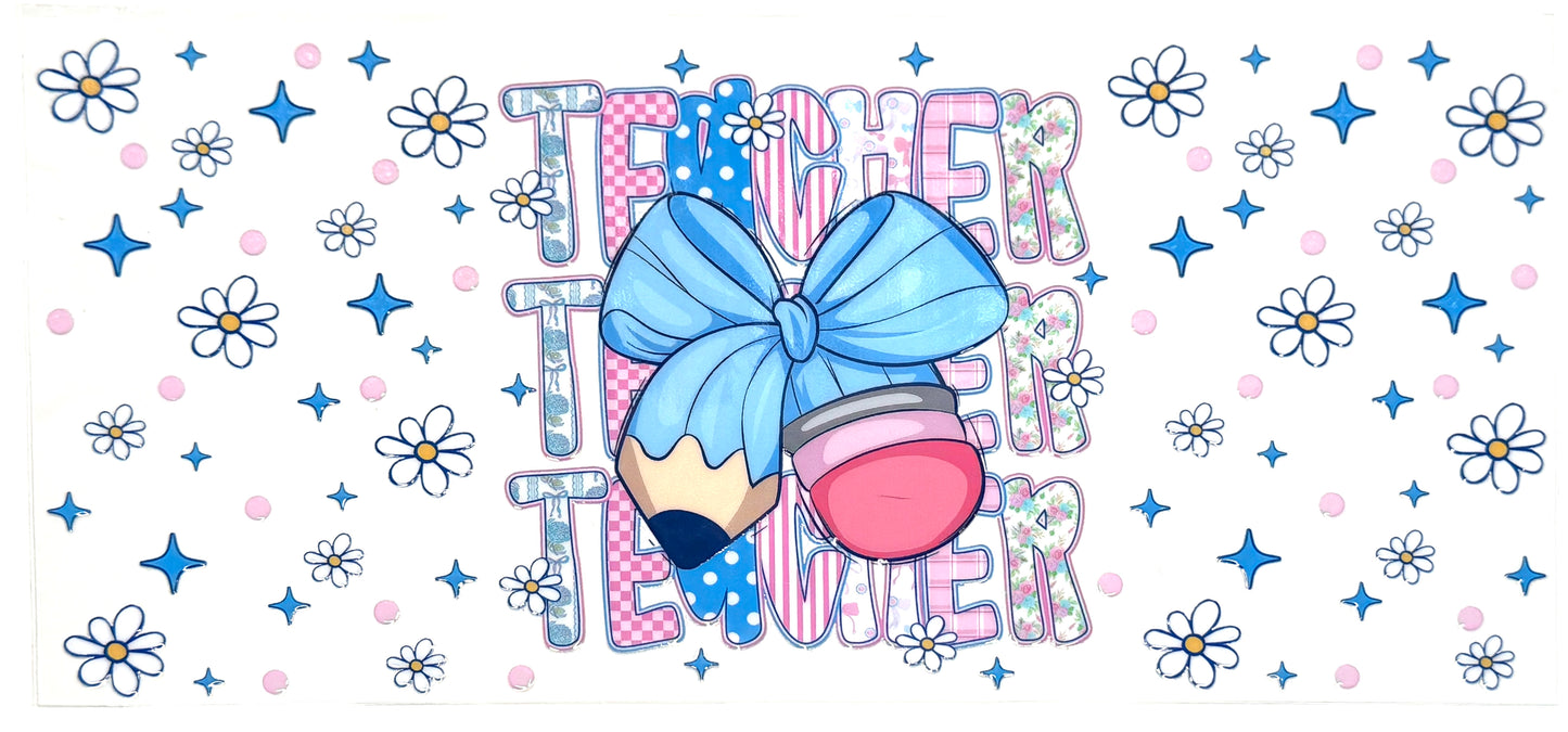 Colorful illustration of a pencil with a bow and flowers, featuring the text 'Teacher to be'.