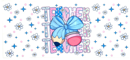 Colorful illustration of a pencil with a bow and flowers, featuring the text 'Teacher to be'.