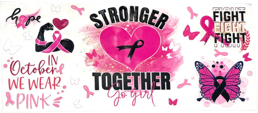 Pink-themed graphic with breast cancer awareness elements and motivational text.