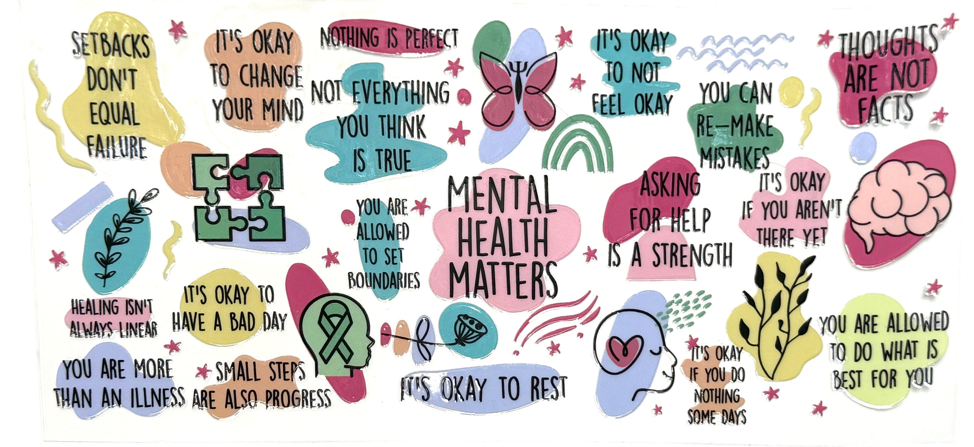 Motivational and affirming phrases about mental health on a colorful background with illustrations.