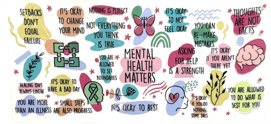 Motivational and affirming phrases about mental health on a colorful background with illustrations.