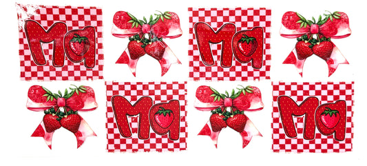 Set of decorative items with strawberries and 'MO' text on a red and white checkered background