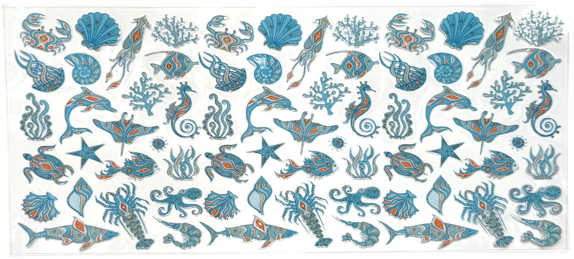 Pattern of various sea creatures and underwater elements on a white background