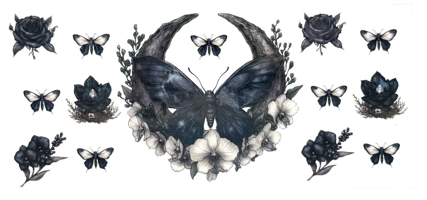 Butterfly and flower design with black roses and white flowers on a white background