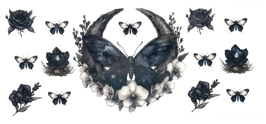 Butterfly and flower design with black roses and white flowers on a white background