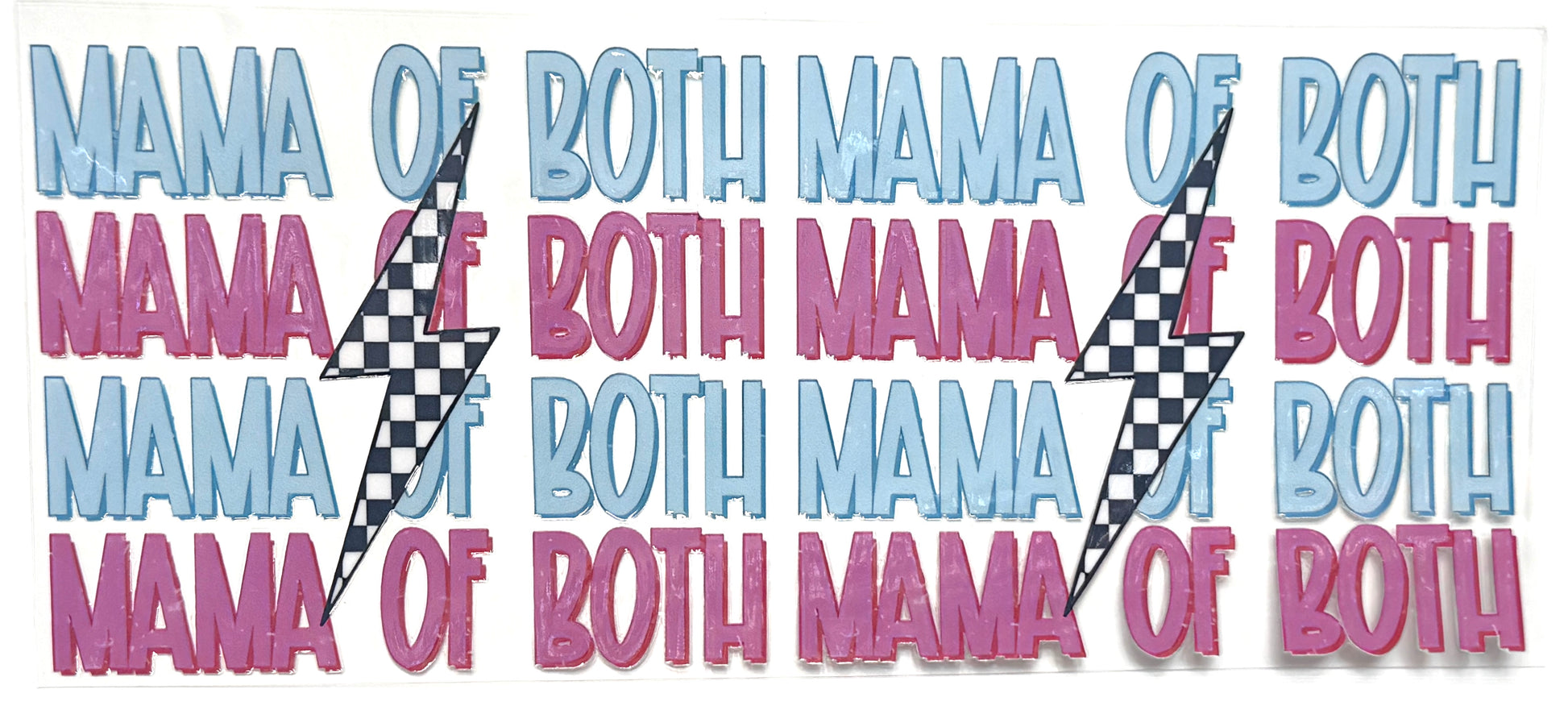 Text 'MAMA OF BOTH' with checkered patterns in blue, pink, and black on a white background.