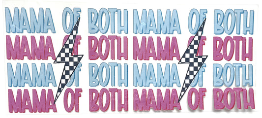 Text 'MAMA OF BOTH' with checkered patterns in blue, pink, and black on a white background.