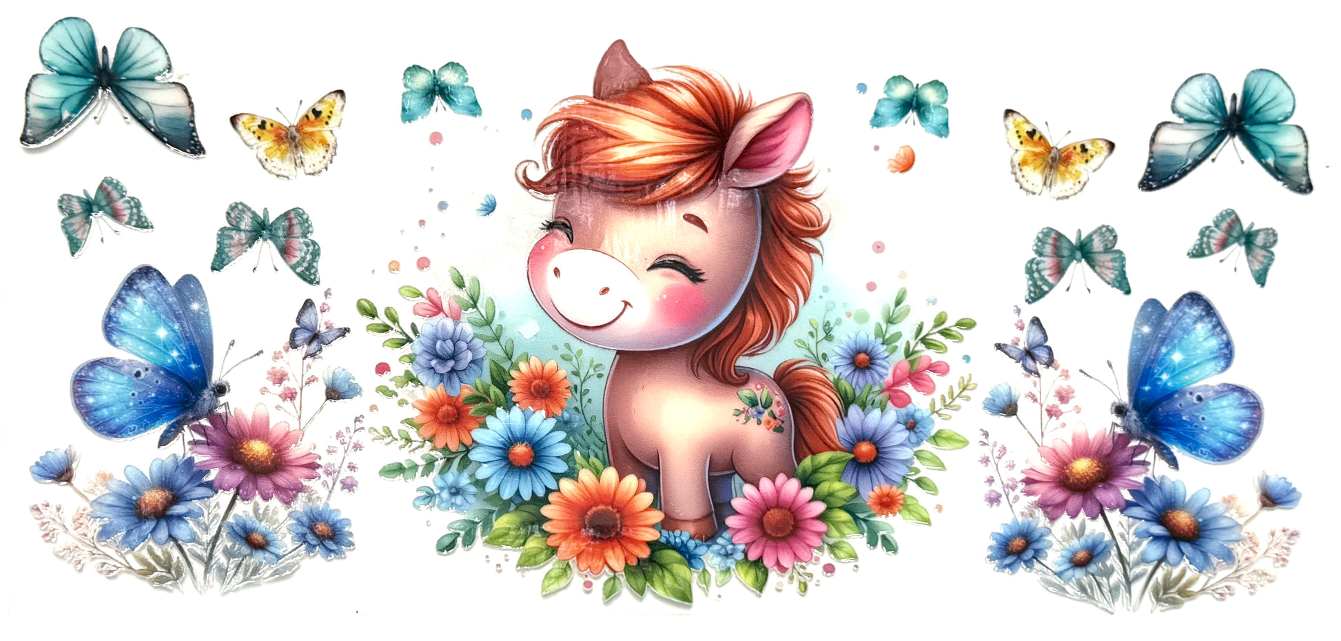 Cartoon pony surrounded by flowers and butterflies on a white background