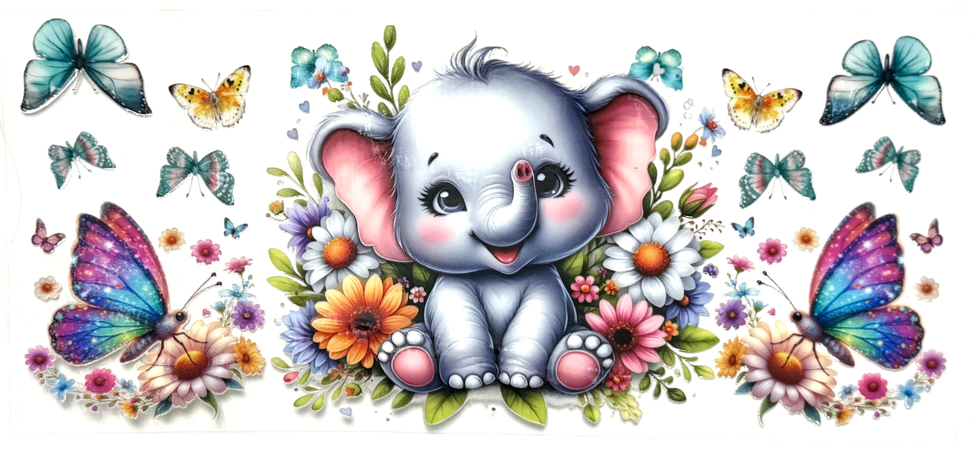 Cartoon elephant surrounded by colorful flowers and butterflies