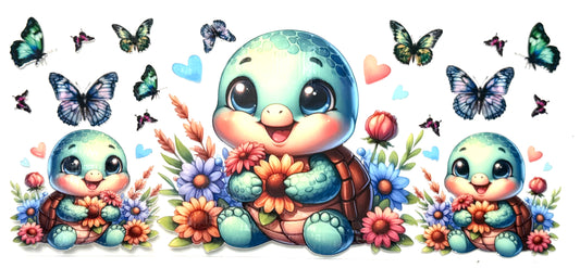 Cartoon turtle surrounded by flowers, butterflies, and hearts on a white background