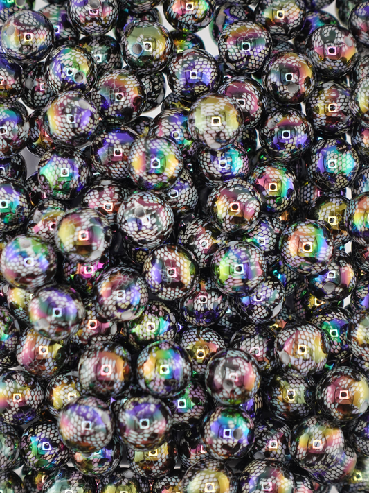 Collection of black beads with a lace design