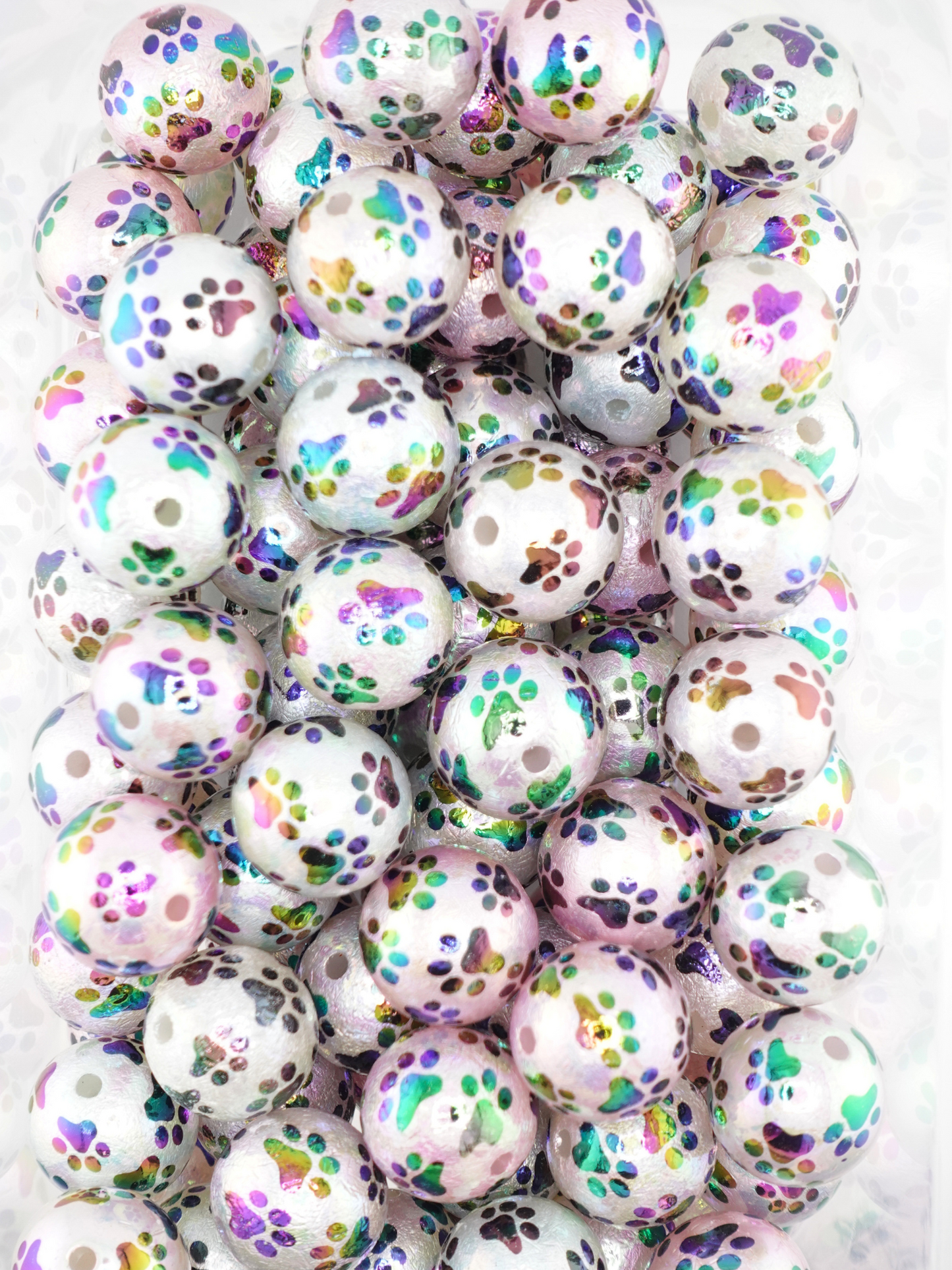 Collection of 20mm iridescent beads with a paw print design