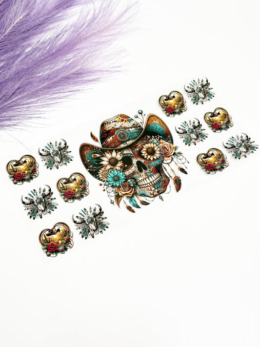 Teal/Copper Skull and Flowers Wrap-1619