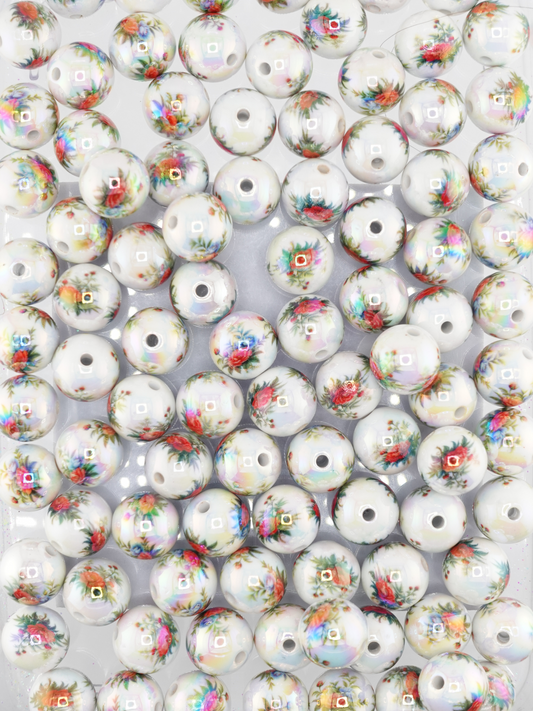 Collection of beads with a red rose print design