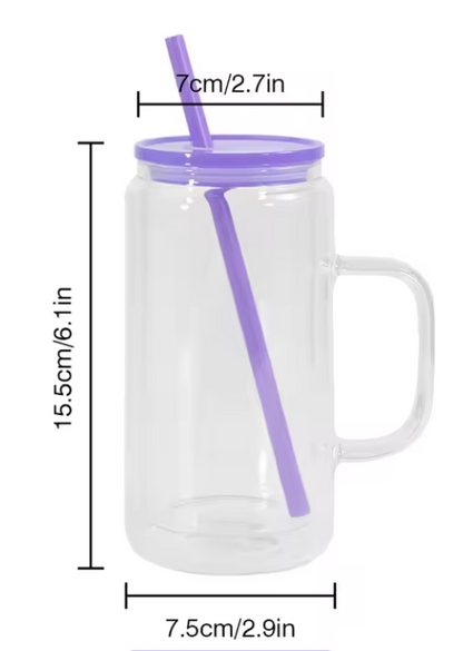 16oz GLASS Snow Globe Tumbler W/Handle Color Lid and Straw