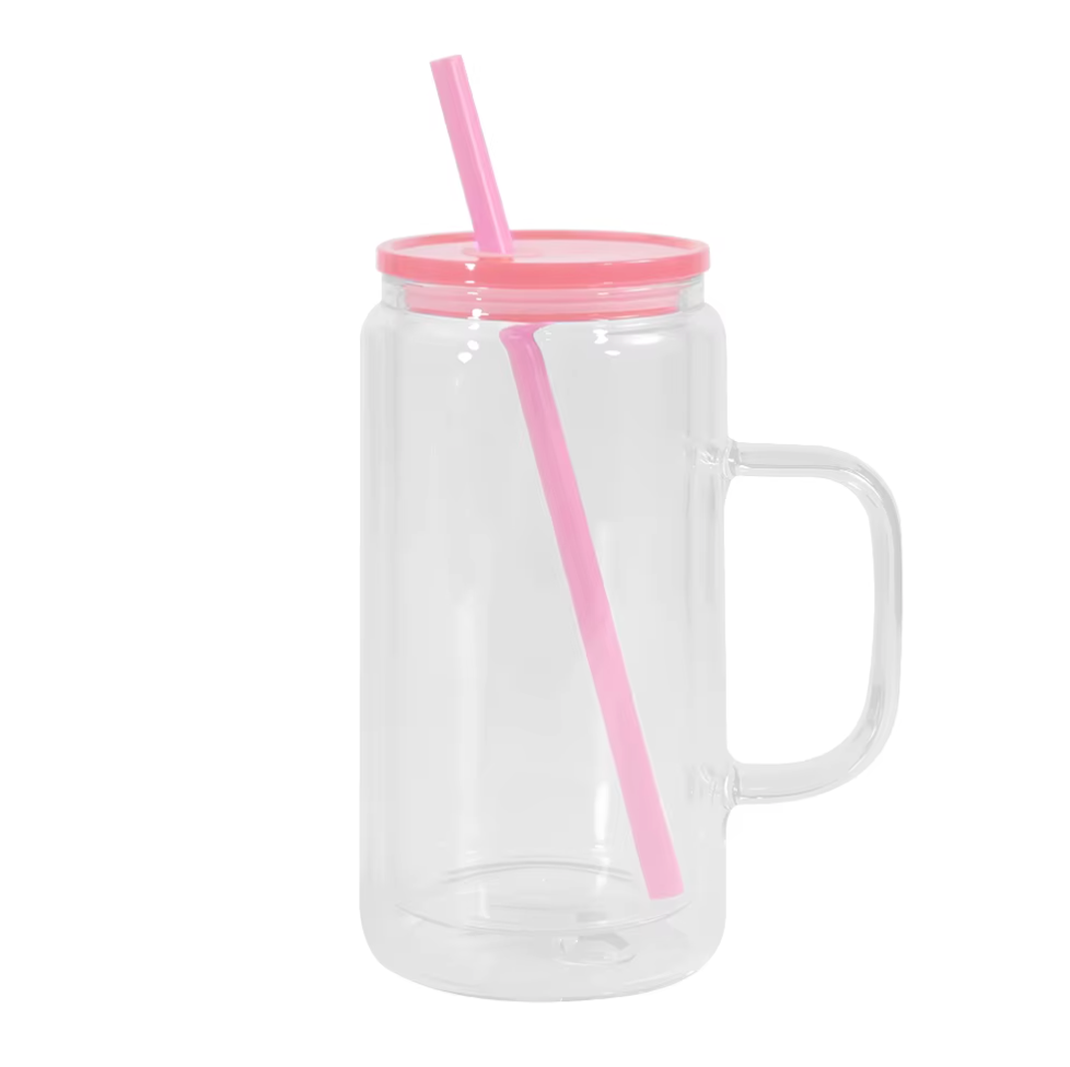 16oz GLASS Snow Globe Tumbler W/Handle Color Lid and Straw