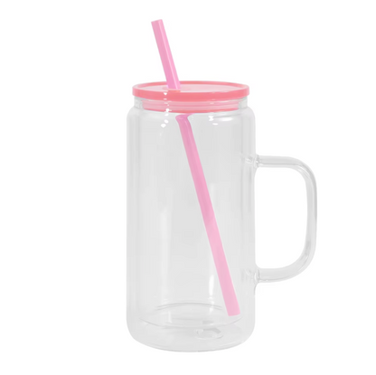 16oz GLASS Snow Globe Tumbler W/Handle Color Lid and Straw