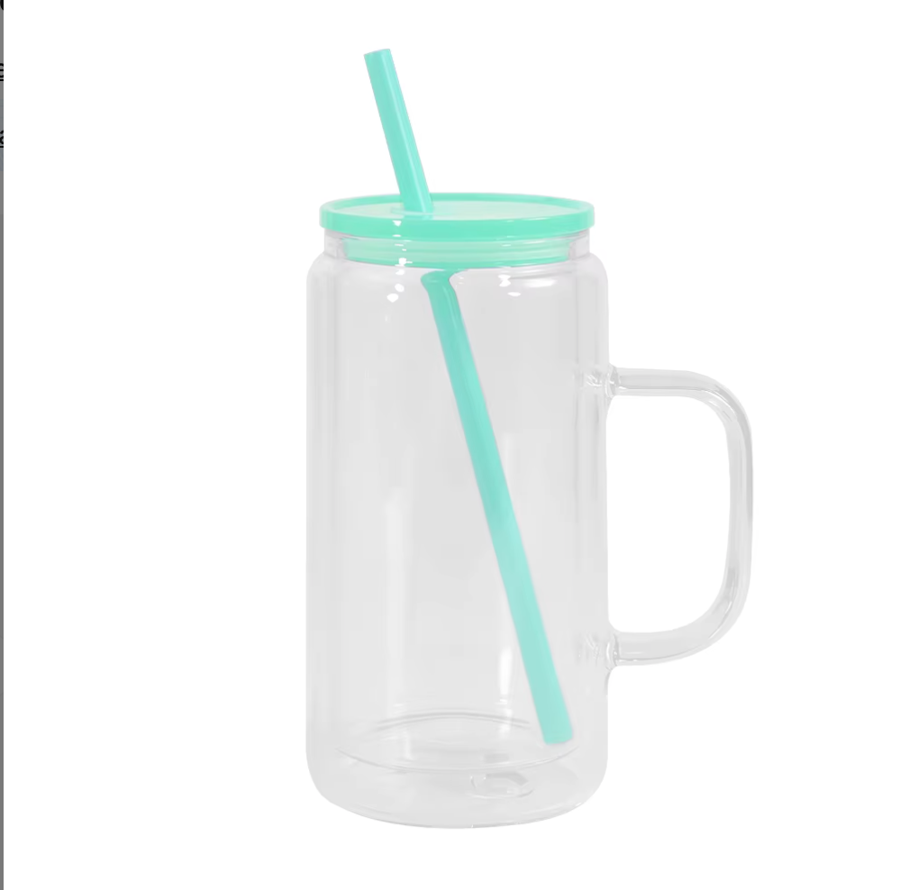 16oz GLASS Snow Globe Tumbler W/Handle Color Lid and Straw