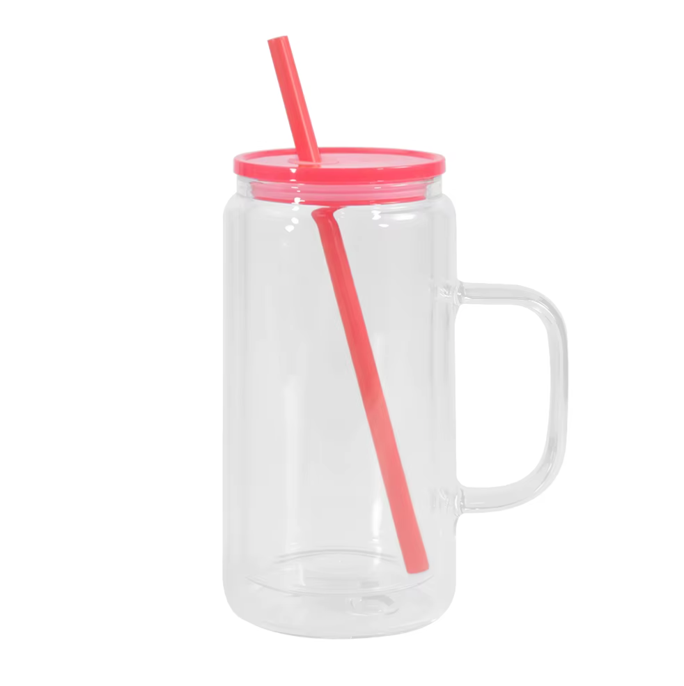 16oz GLASS Snow Globe Tumbler W/Handle Color Lid and Straw