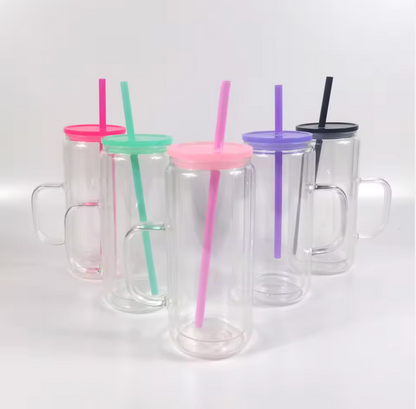 16oz GLASS Snow Globe Tumbler W/Handle Color Lid and Straw