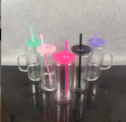 16oz GLASS Snow Globe Tumbler W/Handle Color Lid and Straw