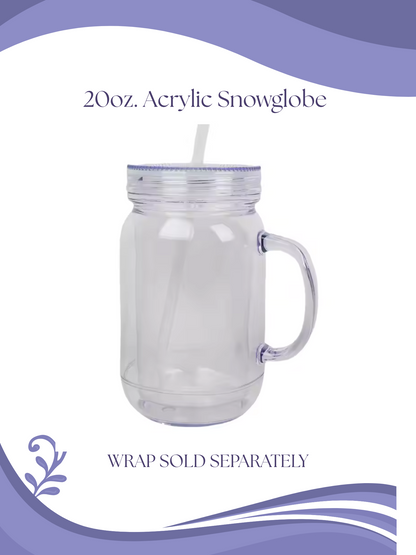 Clear acrylic snowglobe mug with clear lid and handle 20oz