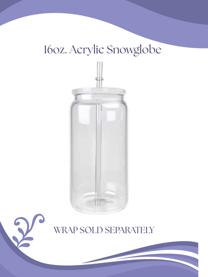 Clear acrylic snowglobe with lid. labeled '16oz. Acrylic Snowglobe'.