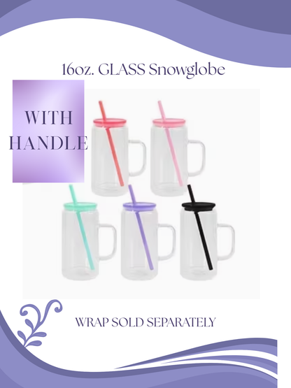 16oz GLASS Snow Globe Tumbler W/Handle Color Lid and Straw