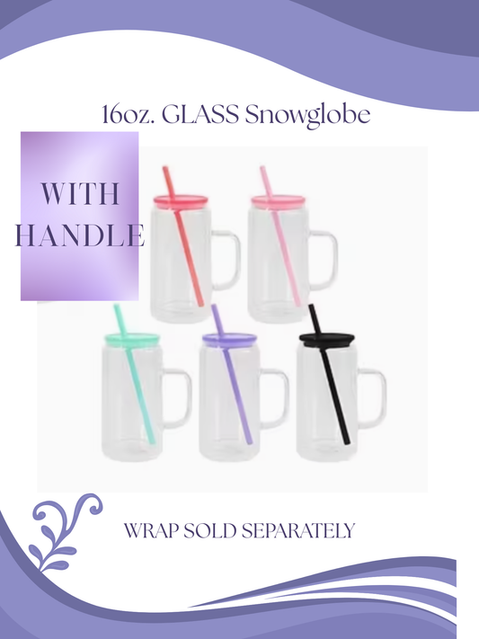 16oz GLASS Snow Globe Tumbler W/Handle Color Lid and Straw